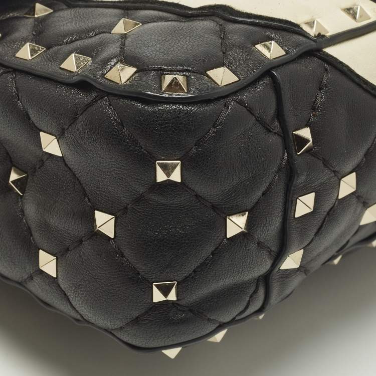 Pre Owned Valentino Rockstud Black/Off White Leather and Snakeskin Trim Flower Crossbody Bag
