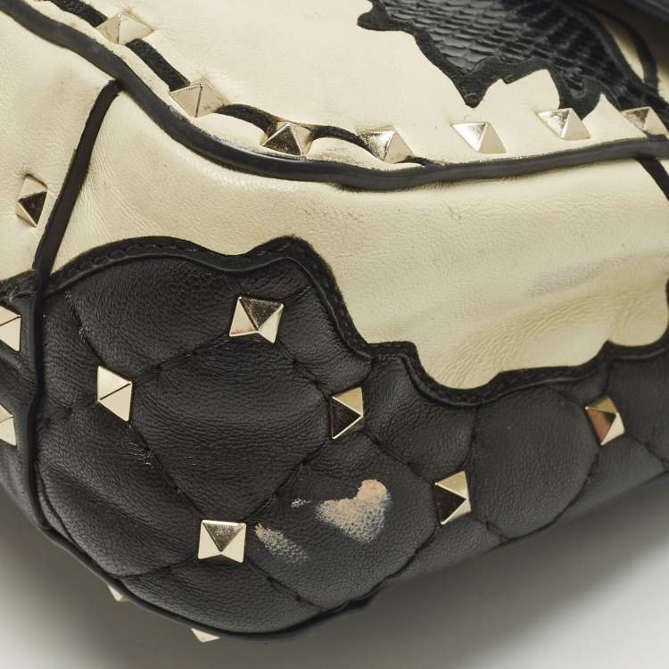 Pre Owned Valentino Rockstud Black/Off White Leather and Snakeskin Trim Flower Crossbody Bag