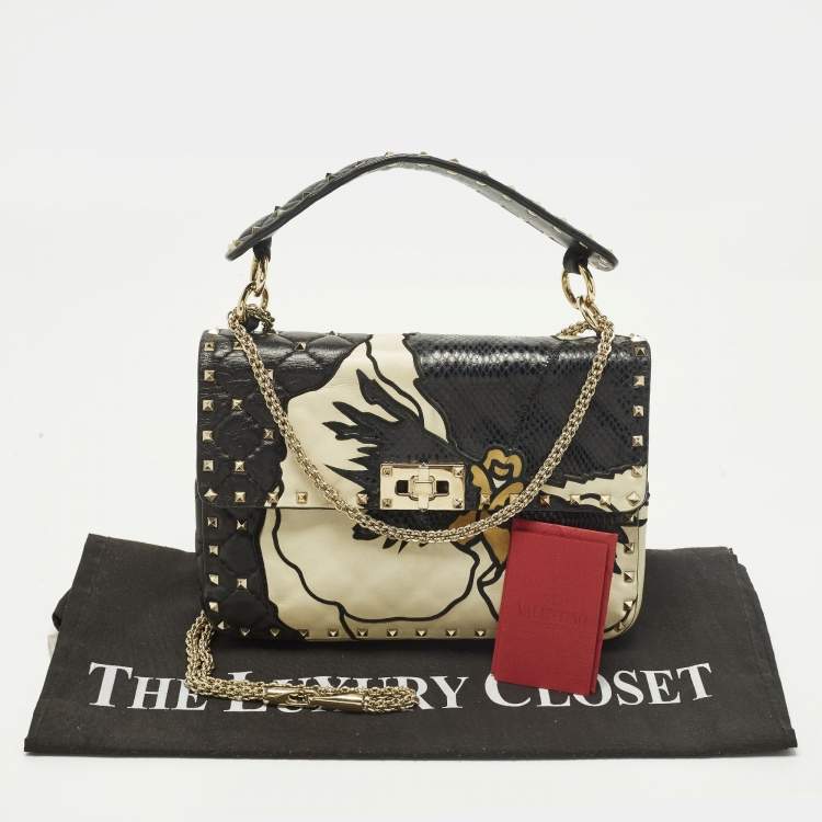 Pre Owned Valentino Rockstud Black/Off White Leather and Snakeskin Trim Flower Crossbody Bag