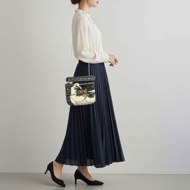 Pre Owned Valentino Rockstud Black/Off White Leather and Snakeskin Trim Flower Crossbody Bag