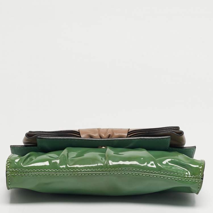 Pre Owned Valentino Green/Beige Patent Leather Bow Flap Clutch