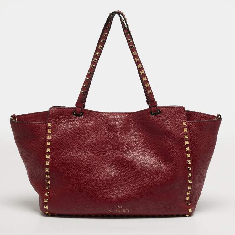 Pre Owned Valentino Rockstud Trapeze Medium Red Leather Tote