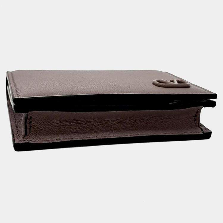 Pre Owned Valentino Brown Leather Mini V-Logo Card Holder