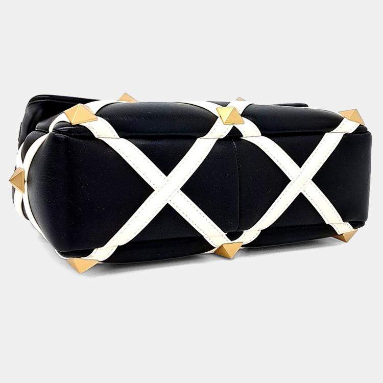 Pre Owned Valentino Beige Black Leather Roman Stud Tote and Shoulder Bag Large