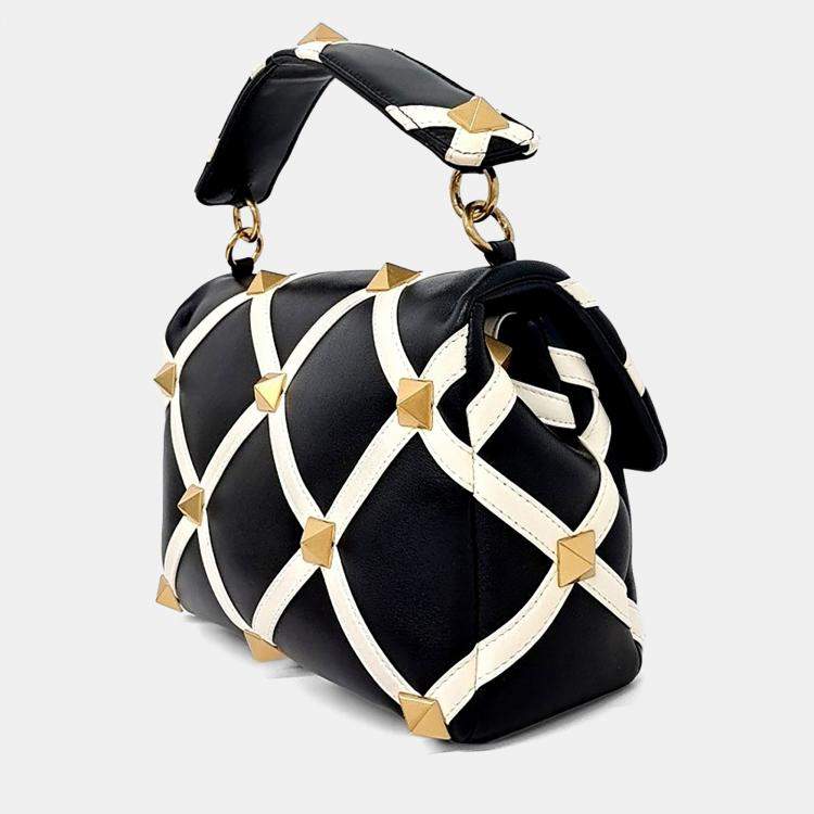 Pre Owned Valentino Beige Black Leather Roman Stud Tote and Shoulder Bag Large