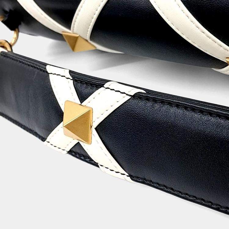 Pre Owned Valentino Beige Black Leather Roman Stud Tote and Shoulder Bag Large