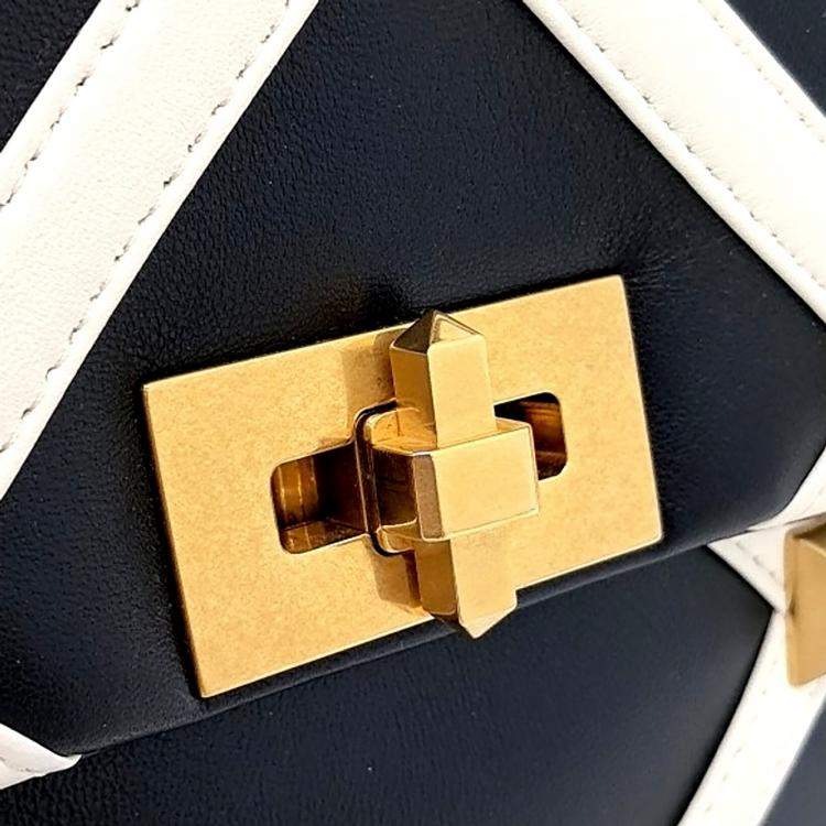 Pre Owned Valentino Beige Black Leather Roman Stud Tote and Shoulder Bag Large