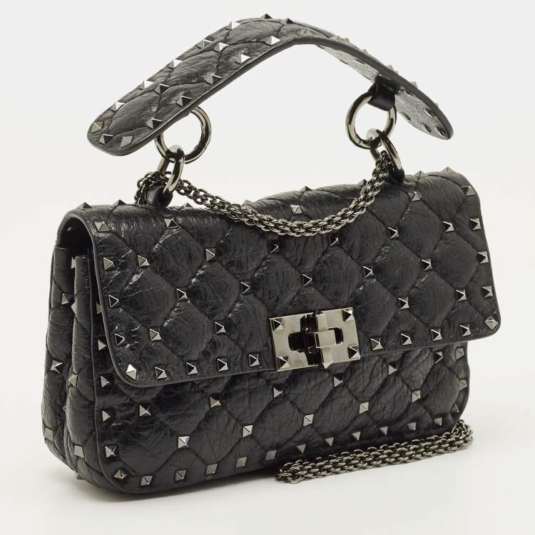 Pre Owned Valentino Rockstud Spike Small Black Quilted Leather Top Handle Bag