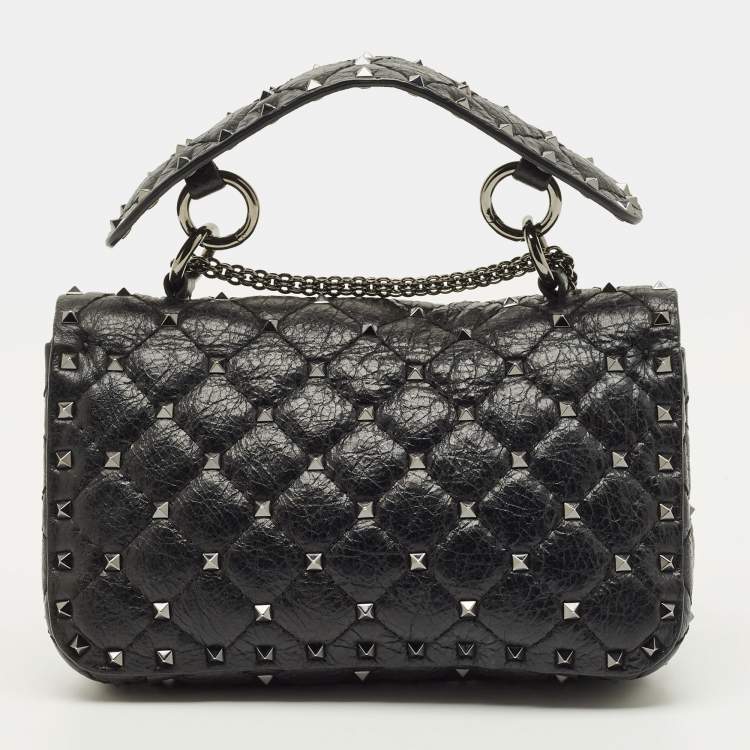 Pre Owned Valentino Rockstud Spike Small Black Quilted Leather Top Handle Bag