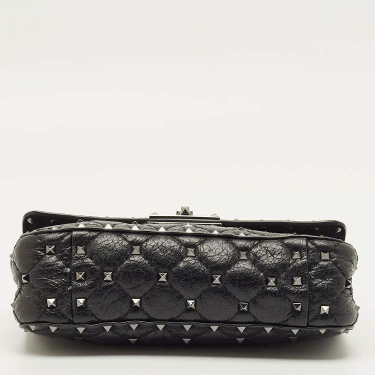 Pre Owned Valentino Rockstud Spike Small Black Quilted Leather Top Handle Bag