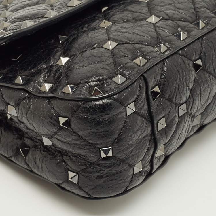 Pre Owned Valentino Rockstud Spike Small Black Quilted Leather Top Handle Bag