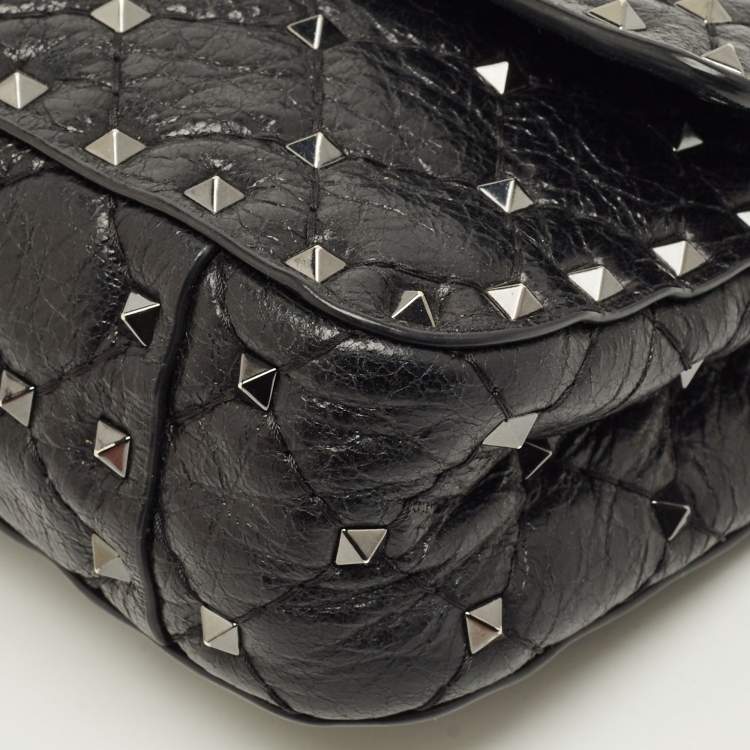 Pre Owned Valentino Rockstud Spike Small Black Quilted Leather Top Handle Bag