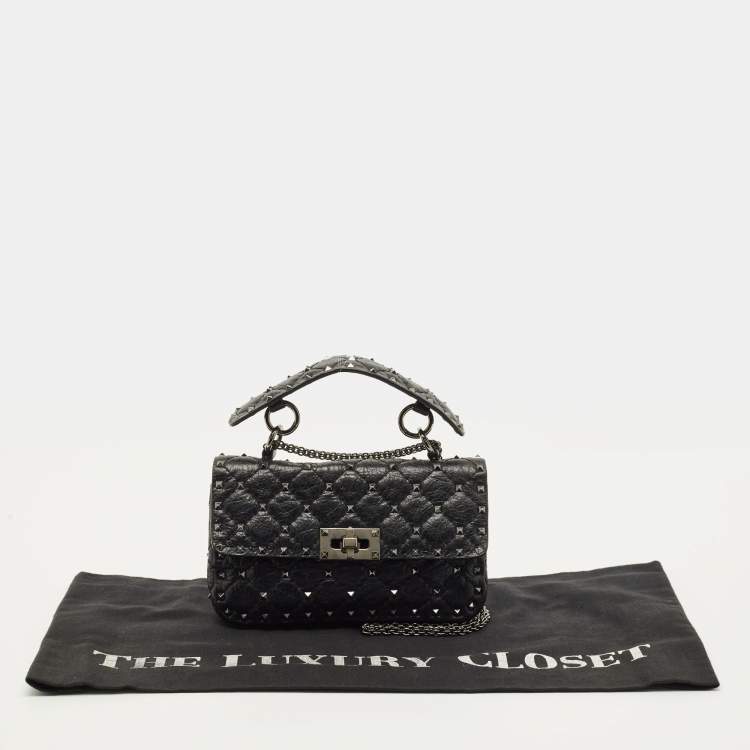 Pre Owned Valentino Rockstud Spike Small Black Quilted Leather Top Handle Bag