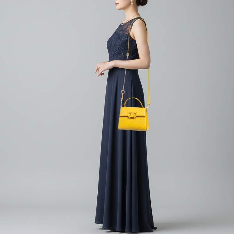 Pre Owned Valentino VSling Mini Yellow Ostrich Leather Top Handle Bag