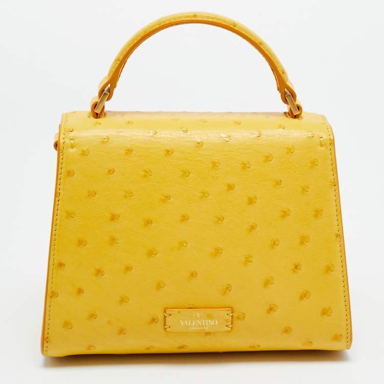 Pre Owned Valentino VSling Mini Yellow Ostrich Leather Top Handle Bag