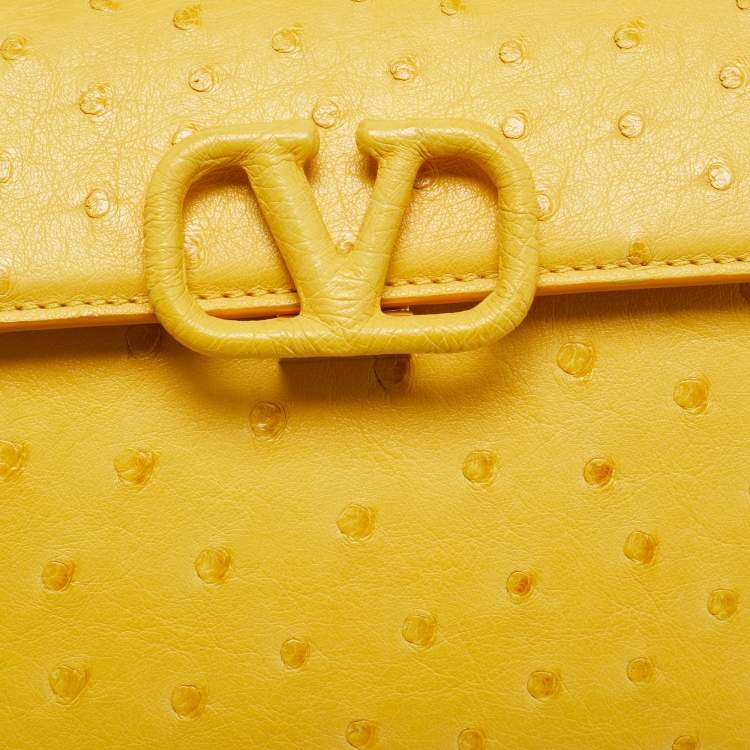 Pre Owned Valentino VSling Mini Yellow Ostrich Leather Top Handle Bag