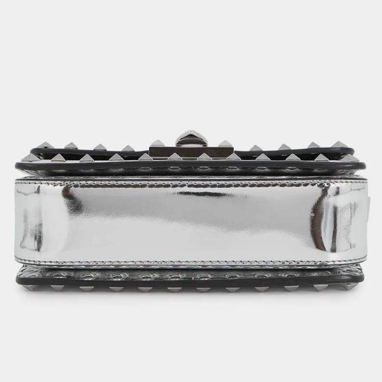 Pre Owned Valentino Garavani Rockstudded Shoulder Bag Silver Patent Leather