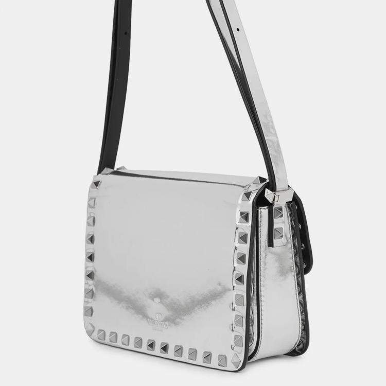 Pre Owned Valentino Garavani Rockstudded Shoulder Bag Silver Patent Leather