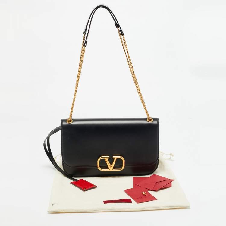 Pre Owned Valentino VSling Black Leather Chain Flap Shoulder Bag