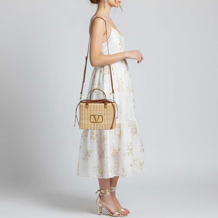 Pre Owned Valentino Wicker Drawstring Brown/Beige Rattan and Leather Tote