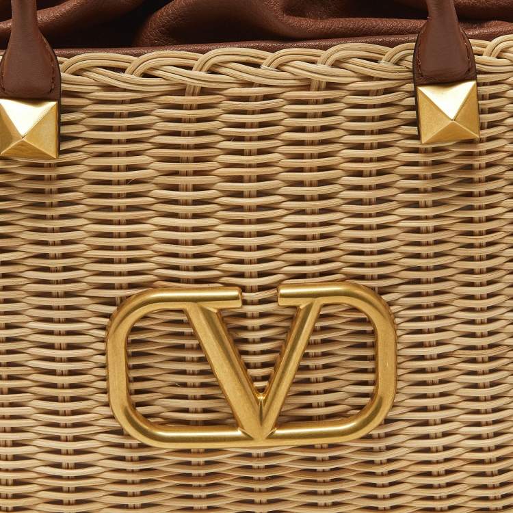 Pre Owned Valentino Wicker Drawstring Brown/Beige Rattan and Leather Tote