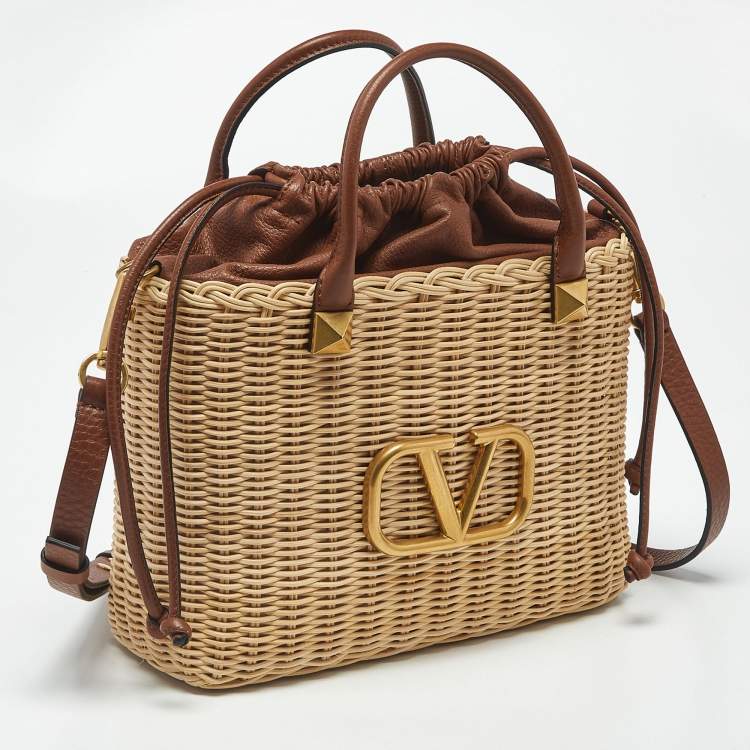 Pre Owned Valentino Wicker Drawstring Brown/Beige Rattan and Leather Tote