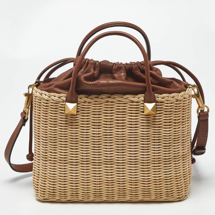 Pre Owned Valentino Wicker Drawstring Brown/Beige Rattan and Leather Tote