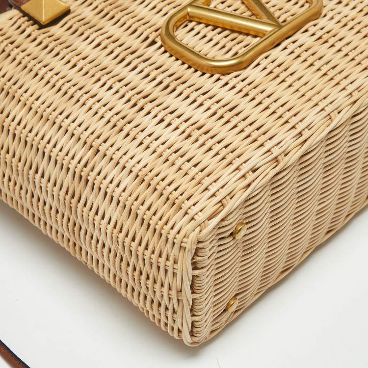 Pre Owned Valentino Wicker Drawstring Brown/Beige Rattan and Leather Tote