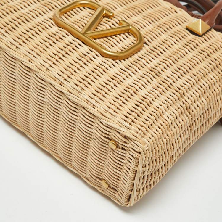 Pre Owned Valentino Wicker Drawstring Brown/Beige Rattan and Leather Tote