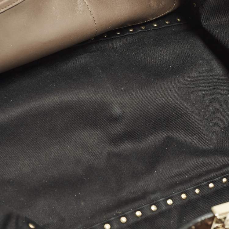 Pre Owned Valentino Rockstud Trapeze Brown Feather Print Calf Hair and Leather Tote