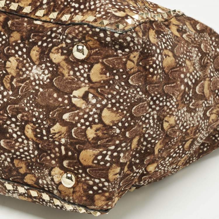 Pre Owned Valentino Rockstud Trapeze Brown Feather Print Calf Hair and Leather Tote