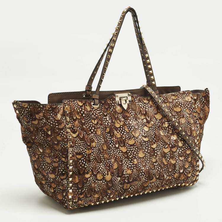 Pre Owned Valentino Rockstud Trapeze Brown Feather Print Calf Hair and Leather Tote