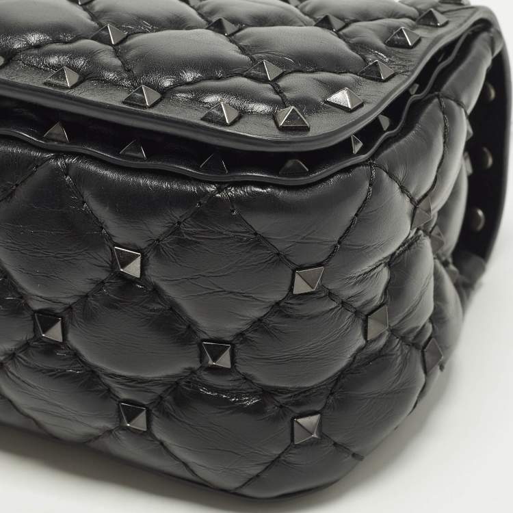 Pre Owned Valentino Rockstud Spike Black Quilted Leather Top Handle Bag