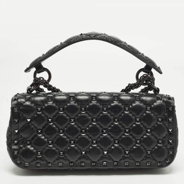 Pre Owned Valentino Rockstud Spike Black Quilted Leather Top Handle Bag
