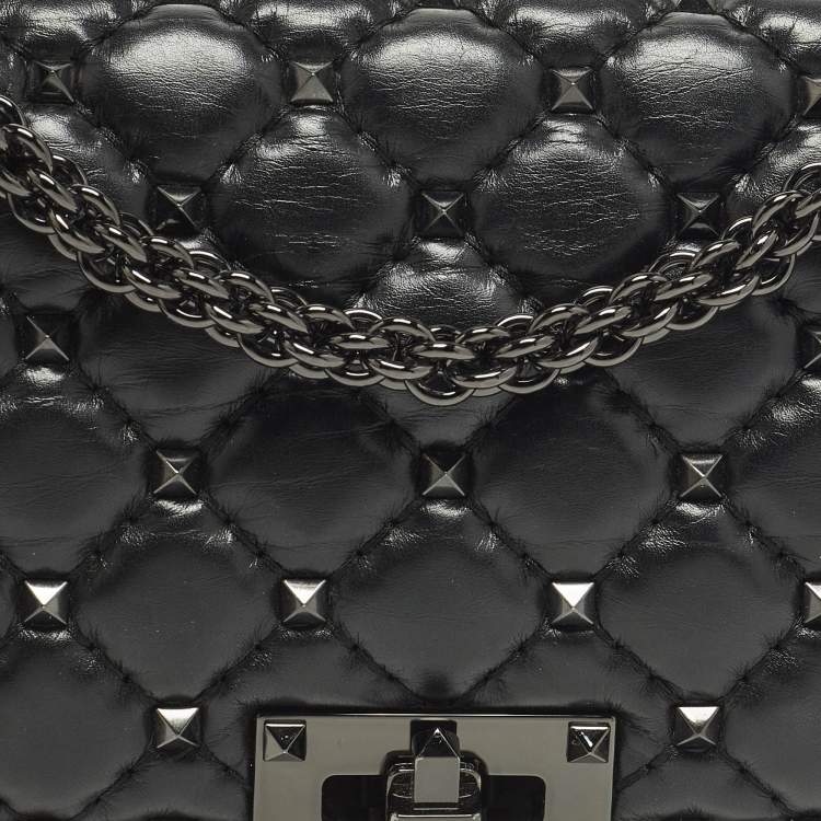 Pre Owned Valentino Rockstud Spike Black Quilted Leather Top Handle Bag