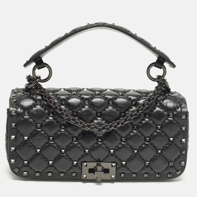 Pre Owned Valentino Rockstud Spike Black Quilted Leather Top Handle Bag