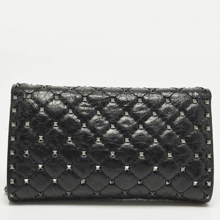 Pre Owned Valentino Rockstud Spike Black Quilted Leather Crossbody Clutch