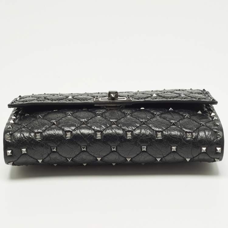 Pre Owned Valentino Rockstud Spike Black Quilted Leather Crossbody Clutch