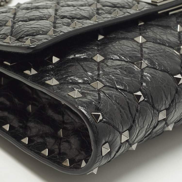 Pre Owned Valentino Rockstud Spike Black Quilted Leather Crossbody Clutch