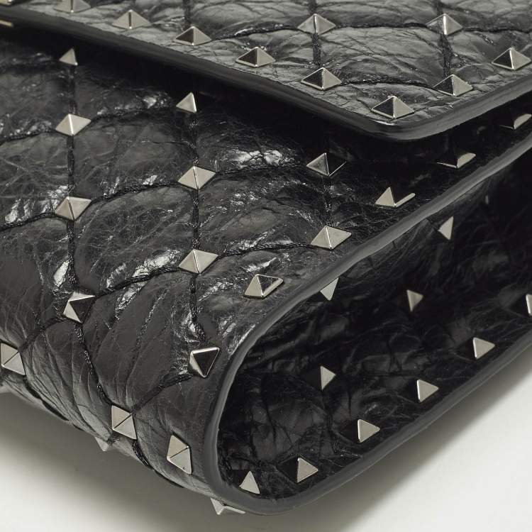 Pre Owned Valentino Rockstud Spike Black Quilted Leather Crossbody Clutch