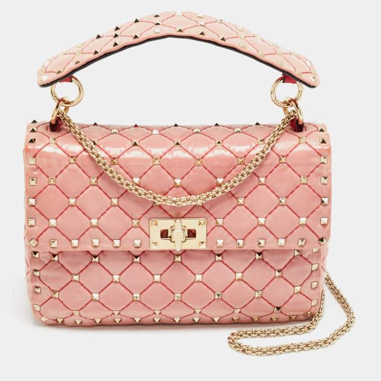 Pre Owned Valentino Rockstud Spike Medium Pink Patent Leather Top Handle Bag