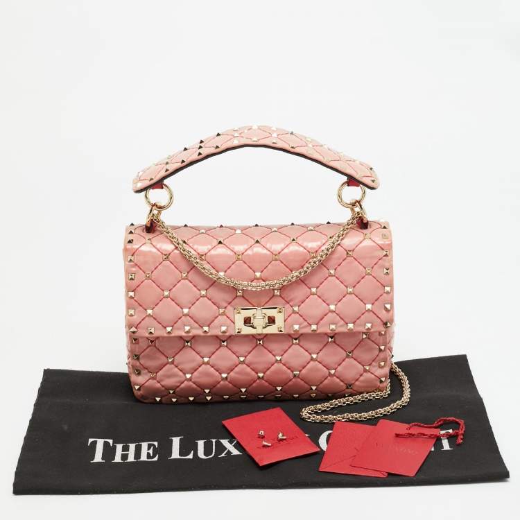 Pre Owned Valentino Rockstud Spike Medium Pink Patent Leather Top Handle Bag