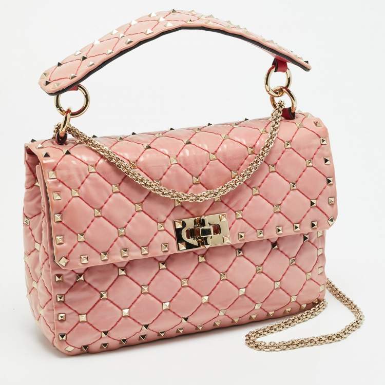 Pre Owned Valentino Rockstud Spike Medium Pink Patent Leather Top Handle Bag