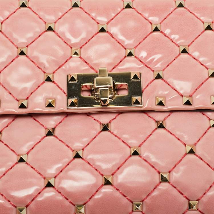 Pre Owned Valentino Rockstud Spike Medium Pink Patent Leather Top Handle Bag