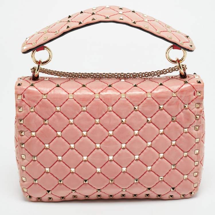 Pre Owned Valentino Rockstud Spike Medium Pink Patent Leather Top Handle Bag