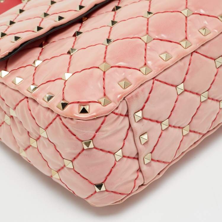 Pre Owned Valentino Rockstud Spike Medium Pink Patent Leather Top Handle Bag
