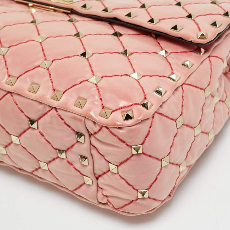 Pre Owned Valentino Rockstud Spike Medium Pink Patent Leather Top Handle Bag