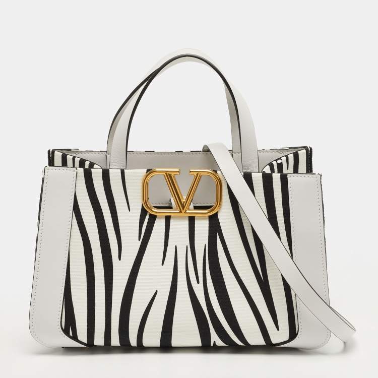 Pre Owned Valentino VLogo Small White/Black Zebra Print Canvas and Leather Tote