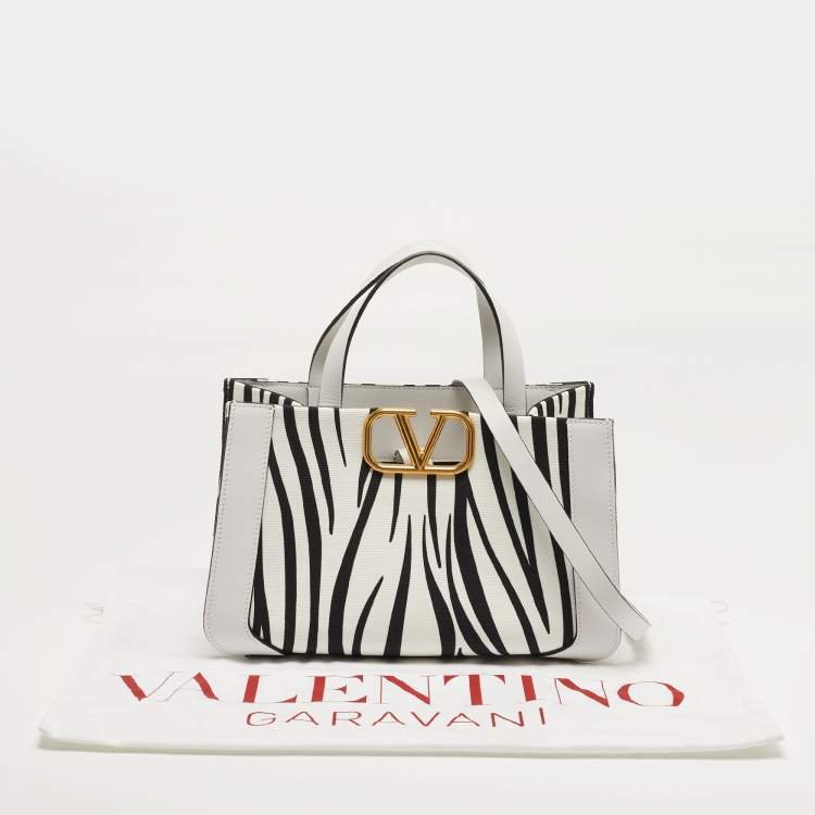 Pre Owned Valentino VLogo Small White/Black Zebra Print Canvas and Leather Tote
