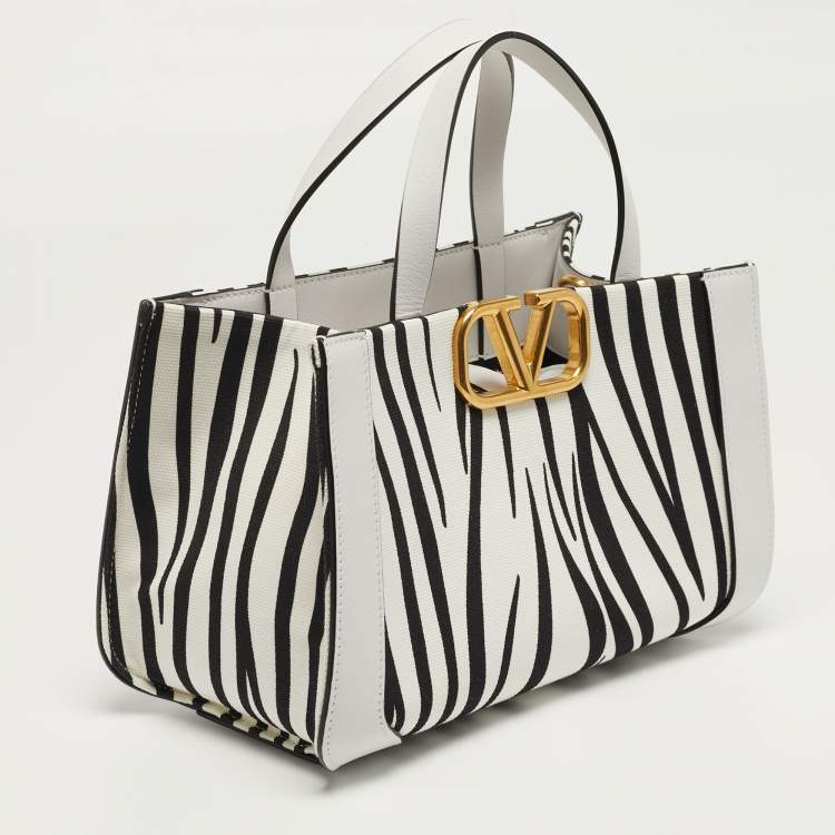 Pre Owned Valentino VLogo Small White/Black Zebra Print Canvas and Leather Tote